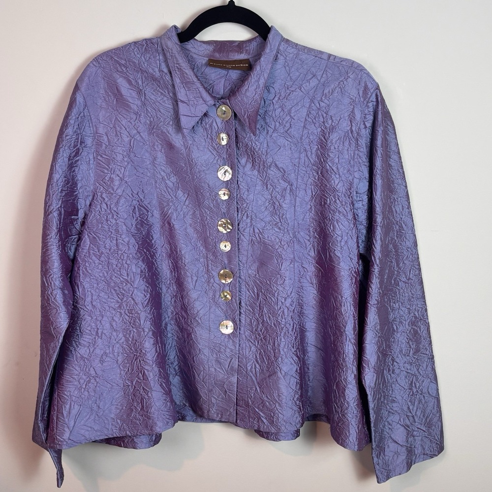ELEVEN STITCH DESIGN Iridescent Purple 100% Silk Artsy Blouse XL Lagenlook Boho